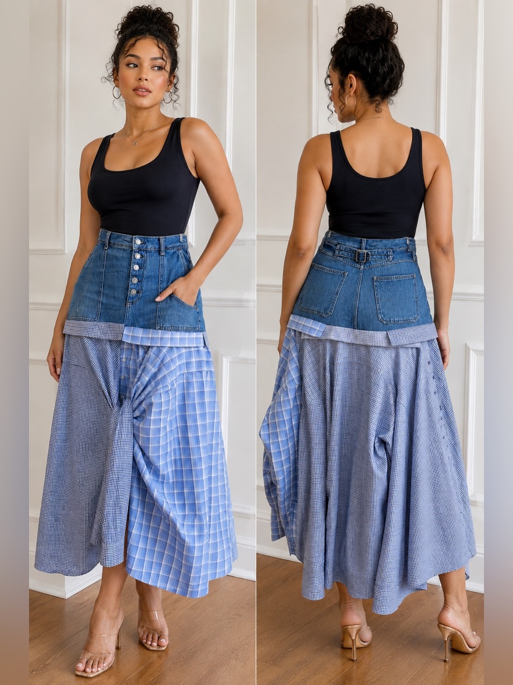 Upcycled Denim shirt Blue Maxi Skirt size S/M